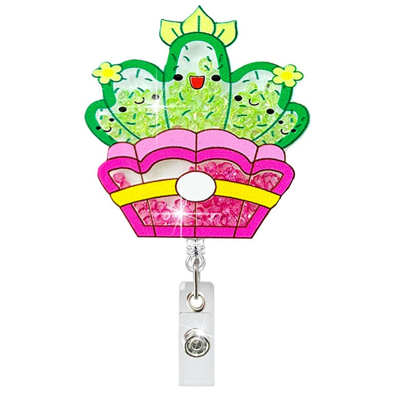 Wholesale Cartoon Cactus Quicksand Acrylic Retractable Badge Scroll Keychain